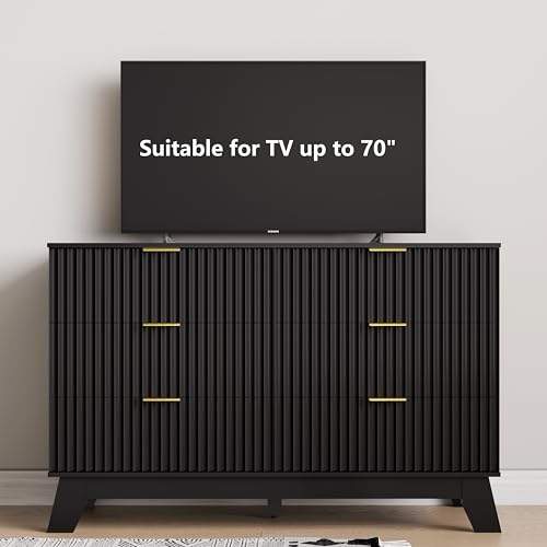 Image of HUANLEGO 6 Drawer Dresser for Bedroom, Black Fluted Dressers Chest of Drawers with Gold Handle, Wood Mid Century Modern Dressers for Closet, Bedroom Dresser Storage Organizer for Living Room, Hallway