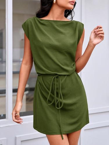 Image of Wenrine Womens 2026 Summer Mini Dress Casual Sleeveless Tie Waist Loose Ruched Beach Vacation Short Sundresses