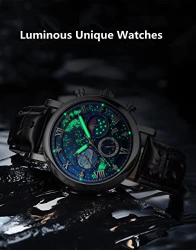 Image of MINILUJIA 50M Waterproof Men World Map Watches Creative Starry Universe Earth Globe Moon Sun Rotating Eye-catching Personalized Cool Unique Mens Watches