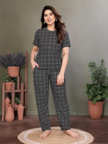 Image of VJ Fashion Women's Cotton Lycra Printed & Knitted Round Neck Night Wear Set of Top and Pazama