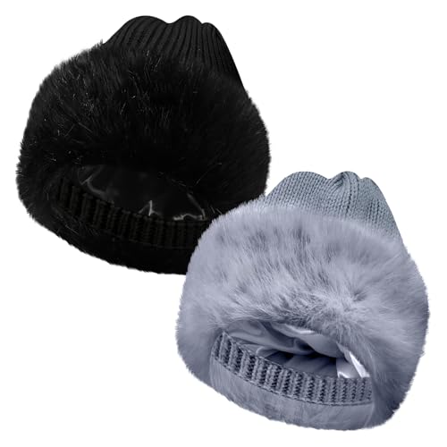 Skicuff 2 Pcs Faux Fur Knit Beanie Winter Satin Lined Beanie Hat Warm Cuffed Plain Hat with Lining for Men Women(Black and Grey)