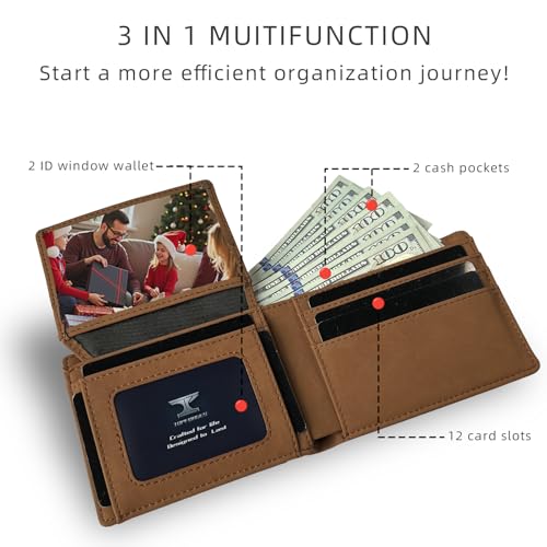 Slim Minimalist RFID Wallet for Men - 12 Card Slots & 2 Cash Pockets,2 ID Windows,Thin Bifold Front Pocket Design with Gift Box (Brown Carbon Fiber)2