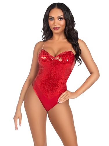 Leg Avenue Body 2 pièces à paillettes à l'entrejambe avec bretelles transparentes amovibles pour femme, Rouge, Small