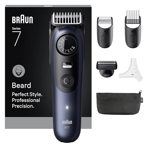 Braun Recortadora de barba Serie 7, +6 accesorios, hoja afilada de por vida, batería de hasta 120 minutos, 40 ajustes de longitud, impermeable, rueda de precisión y botón de bloqueo, BT7520, azul