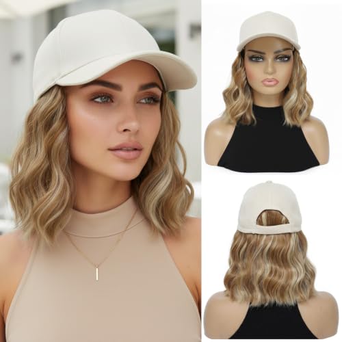 Yunkang Hat Wig Beige Baseball Cap with 12 Short Mix Light Golden Blonde Synthetic Curly Wavy Hair Extension Attached for Women Adjustable Shoulder Length Wave Wigs for Daily Party Outdoor Use
