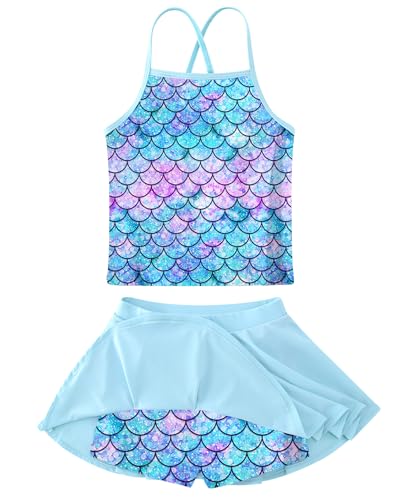 Image of Girls Tankini Swimsuit Mermaid Bathing Suits Criss-Cross Strap Adjustable Summer Beach Two Piece Swimwear Size 4-12
