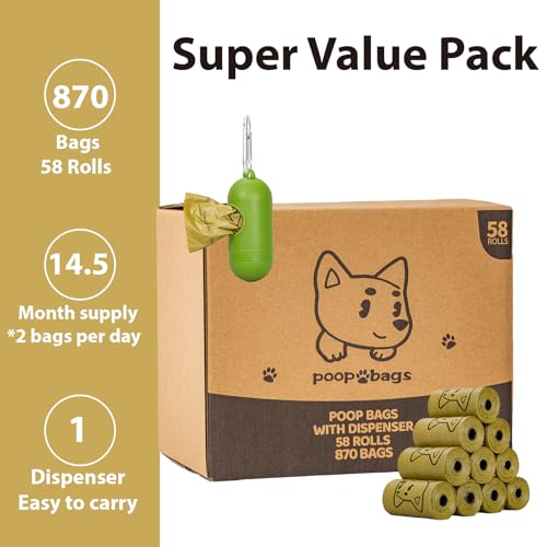 Image of Scented Dog Poop Bags With Dispenser, Strong and Leak-proof Waste Bags for Pets, 870 Count (58 Packs of 15), 13 Inch x 9 Inch (Khaki)