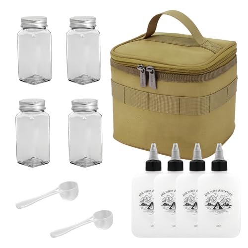 RoseFlower 11pcs Camping Portable BBQ Spice Jars Set, 4 Sharp Mouth Liquid + 4 Solid Seasoning Bottles, Measuring Spoon, Organiser Bag - Leak-Proof