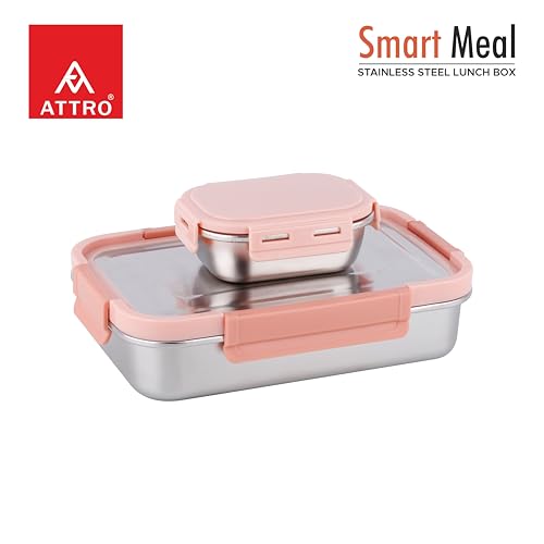 Image of ATTRO Smart Meal Big Stainless Steel Lunch Box with 1 Small Container Airtight Spill-Proof BPA Free Food Grade Ideal for Office, School, Picnic, 950ml+170ml- Peach