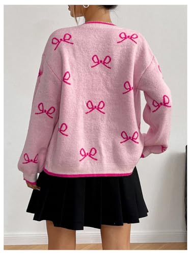 Image of MakeMeChic Women's Bow V Neck Button Up Cardigan Sweaters Long Sleeve Cute Outerwear Pink Small