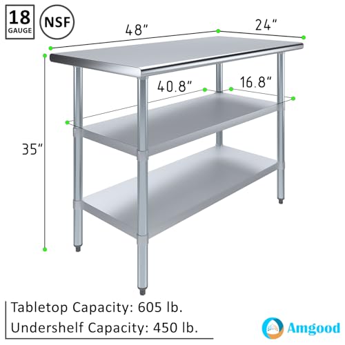 Image of AmGood Stainless Steel Work Table with 2 Shelves | NSF | Metal Utility Table (48 inch Long x 24 inch Deep)