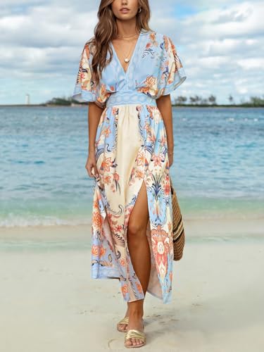 Image of CUPSHE Womens Tropical Floral Maxi Dress V Neck Short Sleeve Smocked Side Slit Dress Summer Vacation Beach Pocket Long Dress