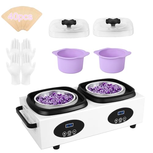 Beauty Star Digital Double Wax Warmer Machine - Hard Wax Pot Heater Professional Kit with 2 Silicone Bowls 40 Waxing Sticks & 4 Gloves for Hair Removal at Home Salon or Spa for Women
