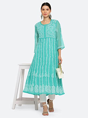 Image of FAWOMENT Women's Georgette Yok Anarkali Kurta with Intricate Lucknowi Chikankari Fine Hand Crafted Embroidery