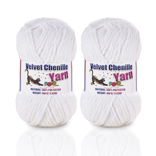 Image of 2 * 100g /3.5oz Fluffy Chenille Yarn for Crocheting, Chunky Velvet Yarn for Crochet Amigurumi, Used for Making Baby Yarns Blanket, Clothes, Pattern Knitting Creations (White)
