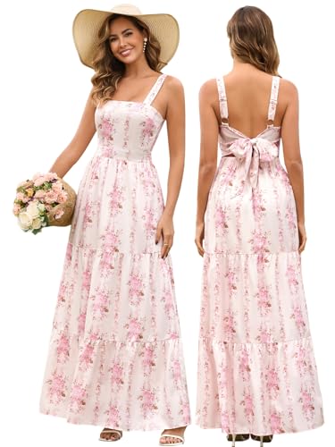 HTZMO Womens Summer Wedding Guest Floral Maxi Sundress Square Neck Back Bow Tie Flowy Boho Beach...