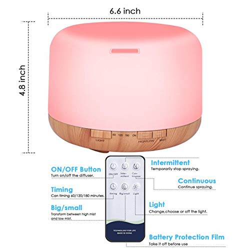 Diffuserlove Essential Oil Diffuser 500ML Remote Control Aromatherapy Diffuser Cool Mist Humidifiers 7 LED Night Light for Home Office SPA Yellow - Image 6