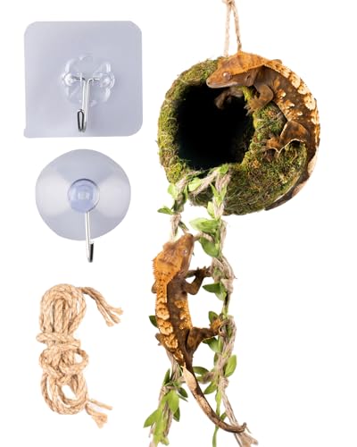Reptile Hide with Hanging Climbing Ladder Handmade Crested Gecko Tank Accessories Hide for Crested Gecko Hermit Crab and Small Reptiles