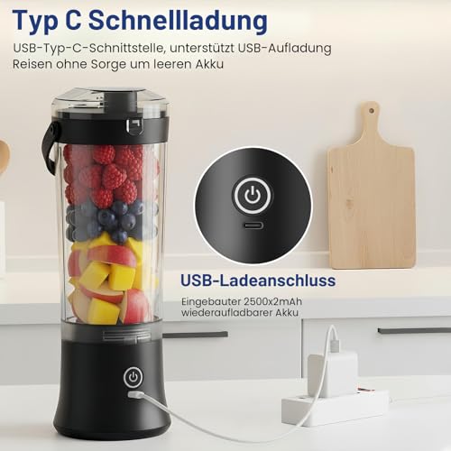 TopEsct tragbarer Mixer für Shakes und Smoothies,500 ml leistungsstarker kabelloser Mini-Mixer,wiederaufladbar mit 6 ultrascharfen Klingen für Reisen,Büro und Sport (Schwarz)