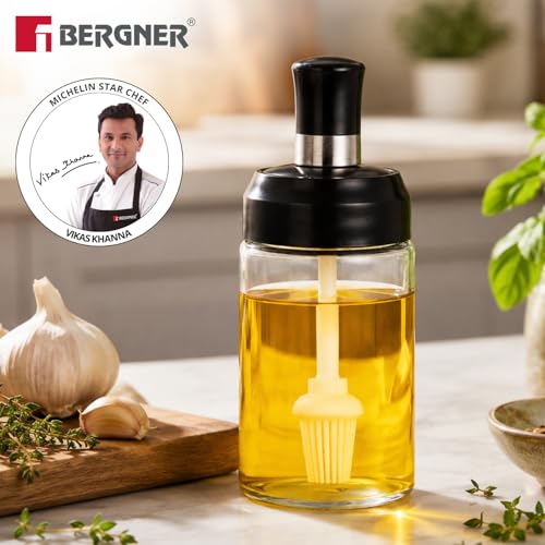 Image of BERGNER Glass Oil Bottle (260ml) with Silicone Brush, Mini Oil Container Bottle for Kitchen, Durable, Food Grade, Easy to Fill, Glass Oil Bottle with Brush for Cooking, Baking, BBQ, Marinating