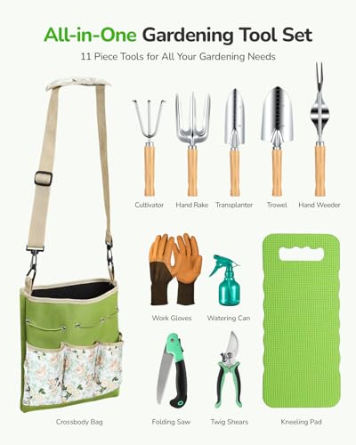 Grenebo All-in-One Garden Tool Set, 11-Piece Heavy Duty Gardening Tools with Ergonomic Canvas Shoulder Crossbody Bag, Rust-Proof Premium Garden Tool Kit, Gardening Gift for Women Men, Green, GR003 - Image 3