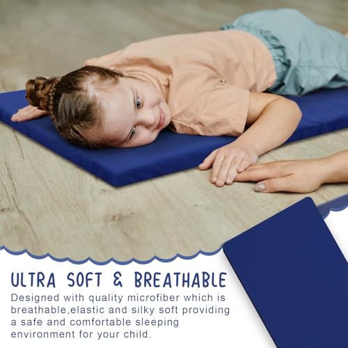 Image of VitalCozy 12 Pcs Daycare Cot Sheets for Sleeping Bulk 48 x 24 Inch Standard Size Preschool Soft Breathable Nap Rest Mat Crib Sheet for Kids Baby Boys Girls (Dark Blue)