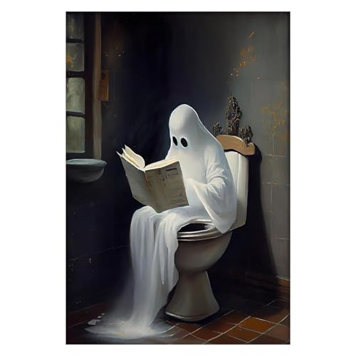 Poster horror fantasma divertente su WC, decorazione da parete vintage, decorazione per Halloween, gotico vittoriano, libro di lettura fantasma in bagno, stampa su tela per bagno, soggiorno,