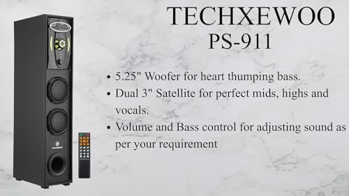 Image of TECHXEWOO PS-911 Mini Home Theatre Subwoofer System, 80W, 5.25 Inch with 3 Inch Dual Satellites, Extreme Bass, Mic Slot, Aux, USB, FM and Remote Control