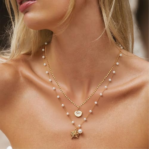 Shell Necklaces for Women Layered Starfish Seashell Charm Necklace Beach Conch Jewelry Halloween Costume Women Stocking Stuffers2