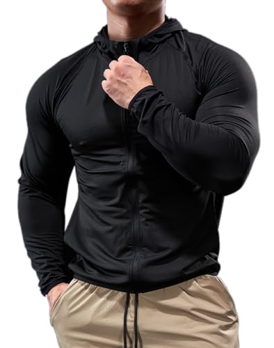 Hombres Deporte Sudadera con Capucha Cremallera Completa Chaqueta Ligera Fitness Manga Larga Camisetas para Correr Tops Negro L