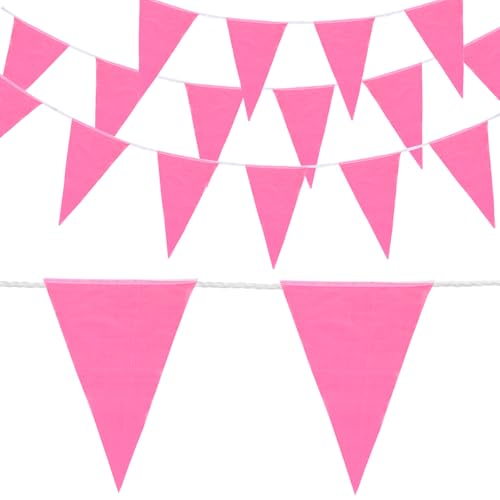 MECCANIXITY Pennant Banner Flags, 102ft 45pcs Marking Safety Flags for Perimeter Parking Lot Events, Traffic, Construction Warning, Pink