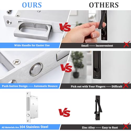 Image of Dontay Sliding Pocket Door Handles, 304 Stainless Steel Non Locking Pocket Door Hardware, Recessed Flush Finger Pulls, Heavy Duty Edge Pull with Pop Out Ring Pull (Matte Black (1 Set), 6 Inch)