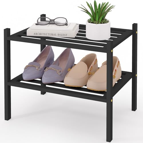 Image of Smiry Bamboo Shoe Rack, 5 Horizontal Slats, 2 Tier - 17.3 inch Wide, Black