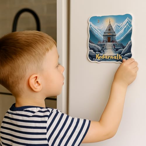 Image of Naxon Kedarnath Temple Town Theme Souvenir Wooden Fridge Magnet for Refrigerator - Printed Fridge Magnet for Kitchen & Home Decor | Perfect Souvenir Gift | Size 3x3 in | Pack of 1