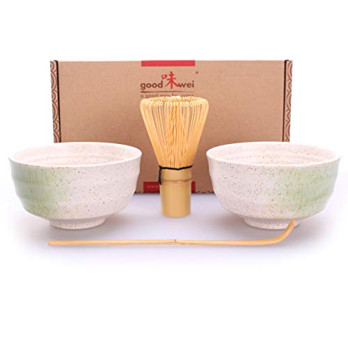 Goodwei Juego de Té Matcha para dos – Bol de té y batidor incl. Caja de regalo (blanco)