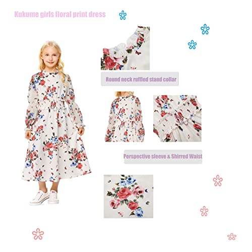 Kukume Girls Chiffon Dreess Long Sleeve White Floral Print Maxi Dress Shirred Waist Casual Princess Dress Back To School 9-10 Years #TOP4