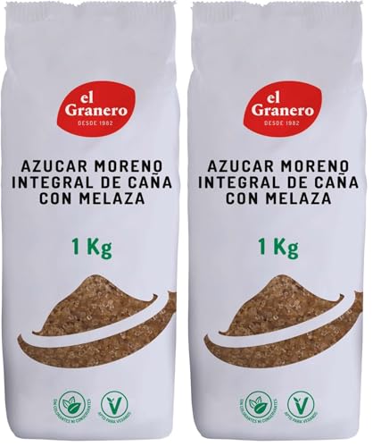 El Granero Integral - Azúcar Moreno Integral - 1 kg - Elaborado con Melaza de Caña - Rico en Vitaminas y Minerales - Ideal para Bebidas y Repostería - Apto para Veganos (Paquete de 2)