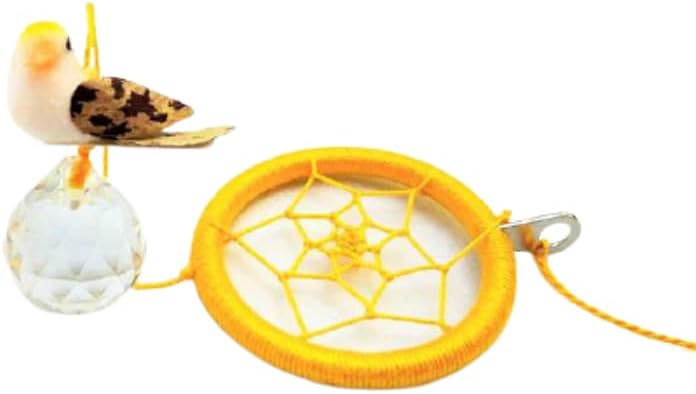 floresyabejas Feng Shui Crystal Window Hanger in Yellow Tones with Mini Dreamcatcher and Paper Bird