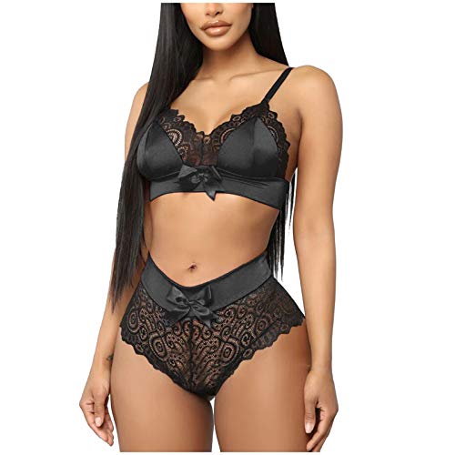 Women Lingerie Set Lace Trim Bra and Panty Sexy Satin Sleepwear Two Piece Pajama Underwear Swimsuit(Black,S)