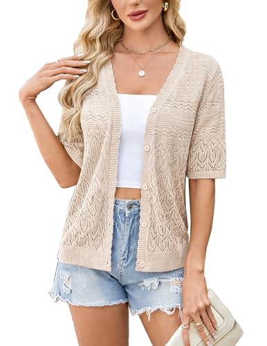 Yekaty Beige Crochet Short Sleeve Cardigan Cropped Button Sweater