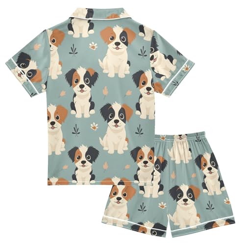 Satin Pajama Sets Short Sleeve Cute Dog Puppy Pattern Button Down Silky Nightwear 2 Piece PJS 5-14Y2