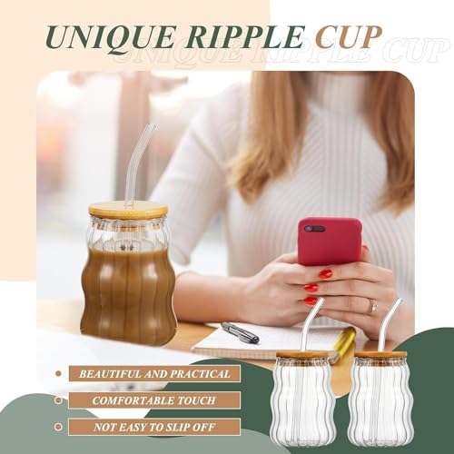 Image of Glass Mug with Bamboo Lid and Straw, 510ml, for Cold Drinks, Smoothies, Coffee(Pack of 1) (Can Shape Drinking Glasses with Wooden Lid)