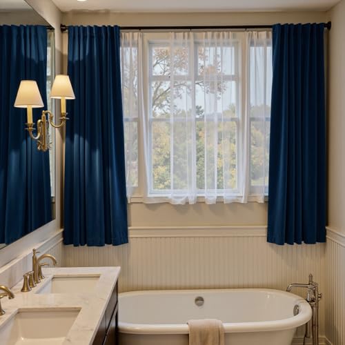 Image of Blackout Dark Blue Velvet Curtains Rod Pocket 52x72 Inch 2 Panels | Soft Velvet, For Small Windows, Kitchens & Bathrooms, Light Shifting Texture, Elegant Drape, Classic, Luxury