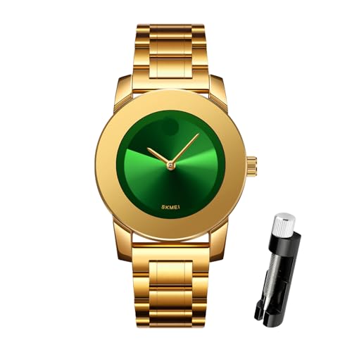 SKMEI Relojes de pulsera para mujer, elegante, minimalista, de cuarzo, acero inoxidable, dorado, con delicados detalles de esfera de diamante, Verde