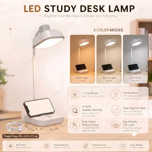 Image of Kian 3-in-1 LED Desk Lamp with Pen & Phone Holder, 1200mAh Battery- USB Rechargeable Study Lamp with Touch Sensor, 3 Light Modes, Eye Protection & Warm White,(Pack of 1) (Lamp 6)