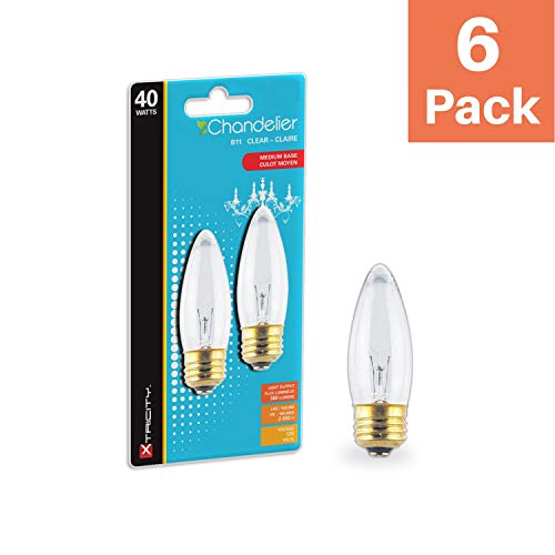 Xtricity 40W B11 Incandescent Clear Chandelier Light Bulb, Torpedo Tip, E26 Medium Base, 360 Lumens, Dimmable, 120V, (6 Pack) #TOP1
