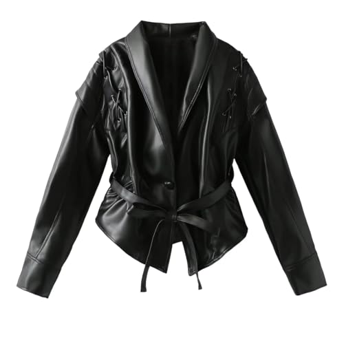 THLAI Womens PU Leather Retro Jacket Long Sleeve Collar Waistband Jacket Casual Coat3