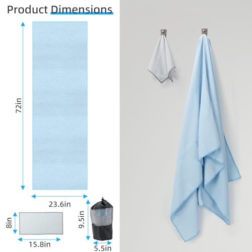 YESLIFE Non-Slip Extra Thick Hot Yoga Towel with One Sweat Towel, Microfiber Sweat Absorbent Yoga Mat Towel with Grip Dot, Pilates Mat, 72" x 24", Light Blue - Image 4