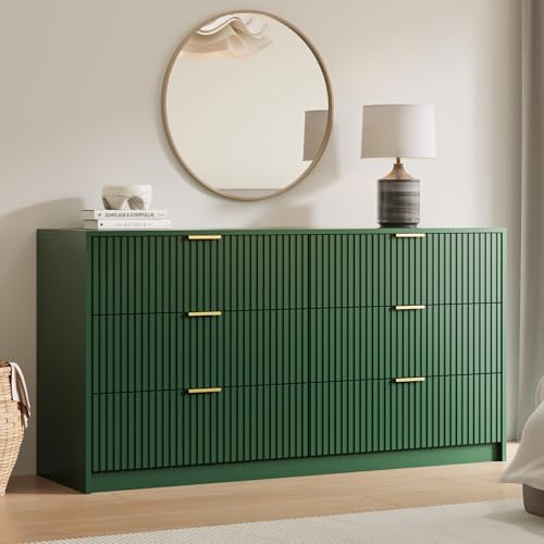 Image of MAISONARIA Green 6 Drawer Dresser for Bedroom, 55 inch Wide Modern Chest of Drawers with Gold Metal Handles, Fluted Wood TV Stand for Living Room, Hallway