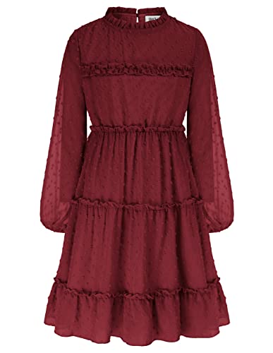 GRACE KARIN Girls Ruffle Tiered Dress Long Sleeve Swiss Dot Flowy A-Line Dress 6-12Y